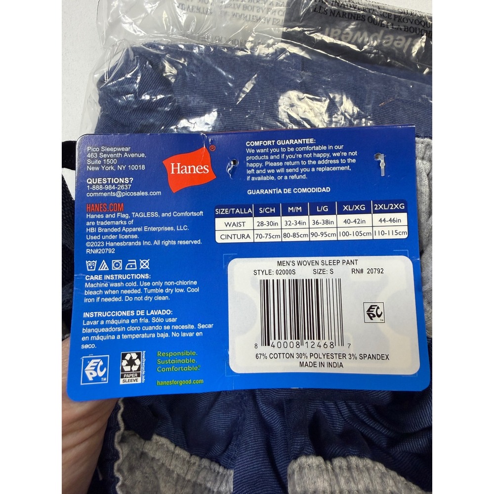 Hanes Mens Stretch Woven Sleep Pant Navy‎ Blue Elastic Drawstring Button Fly S - Picture 4 of 8